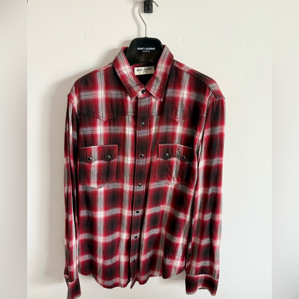 FW16 Saint Laurent Paris Men's Red and Black Checkered Flannel by Hedi Slimane